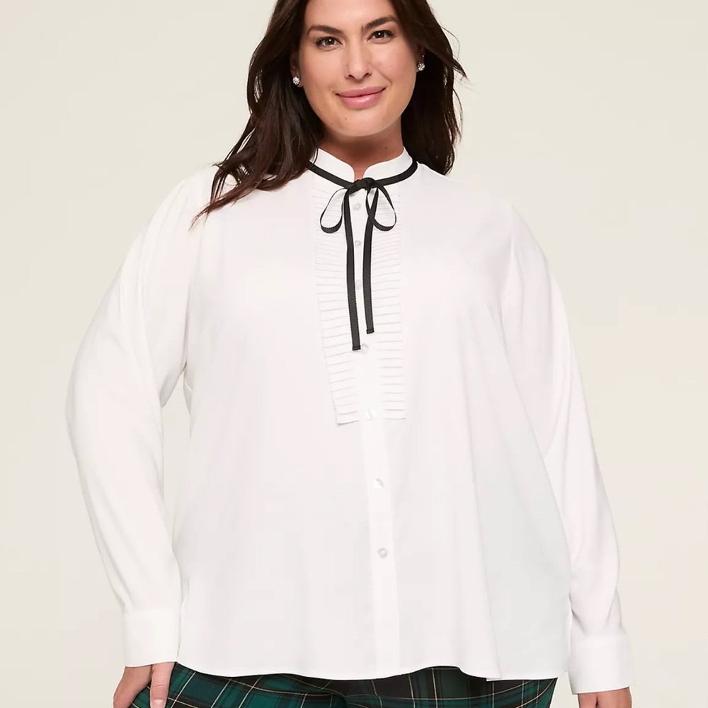 Lane Bryant White Button Down Blouse Black Ribbon Collared Goth Size 14